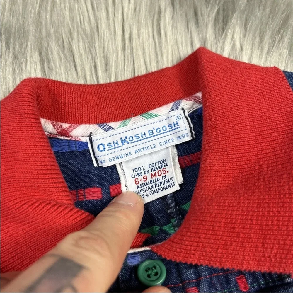 Vintage Baby Boys Oshkosh Bgosh Denim Blue Red Green Jumpsuit
